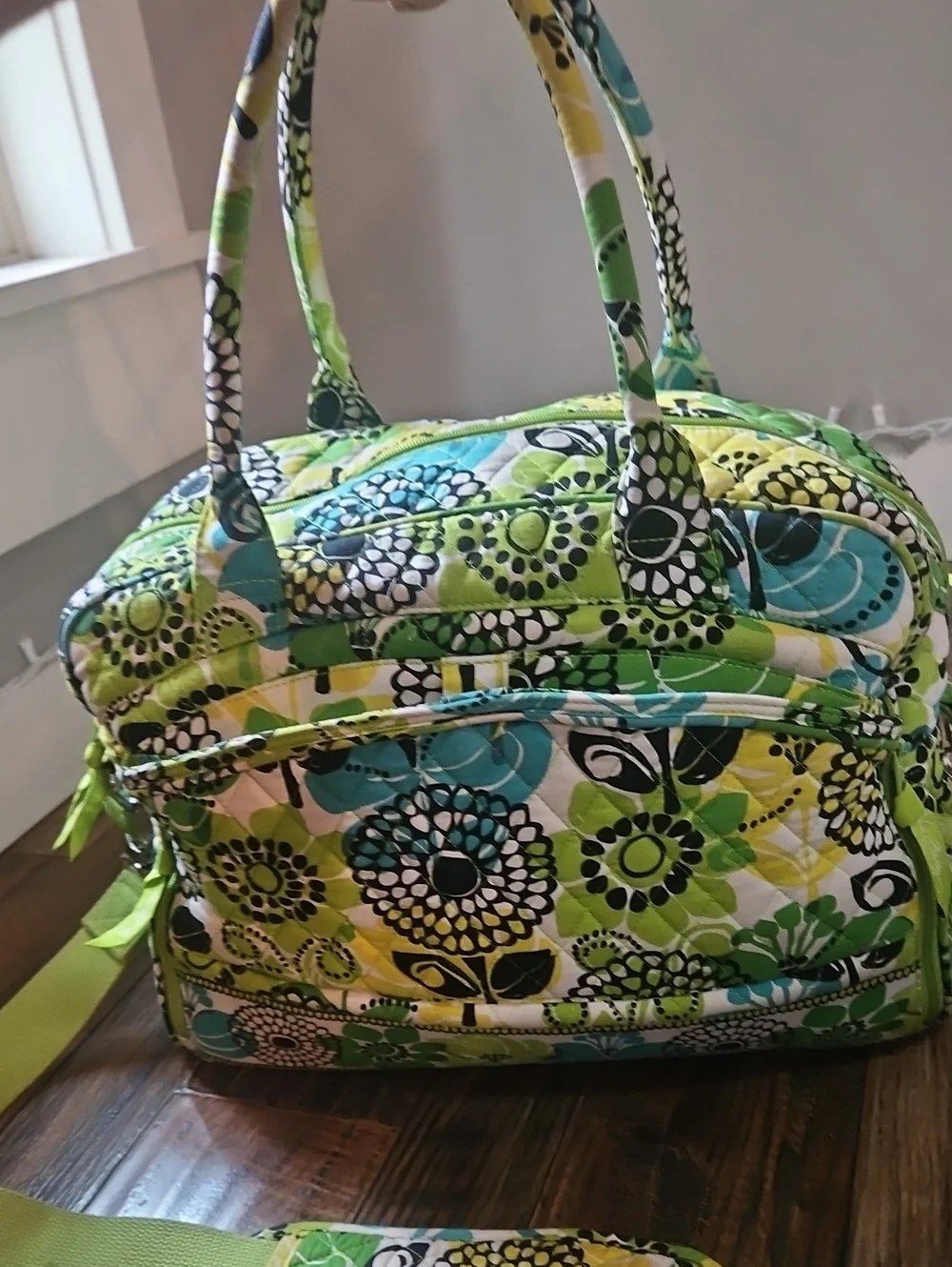 Vera Bradley Laptop Bag Quilted Floral Crossbody Bag in Lime Green Yellow & Teal